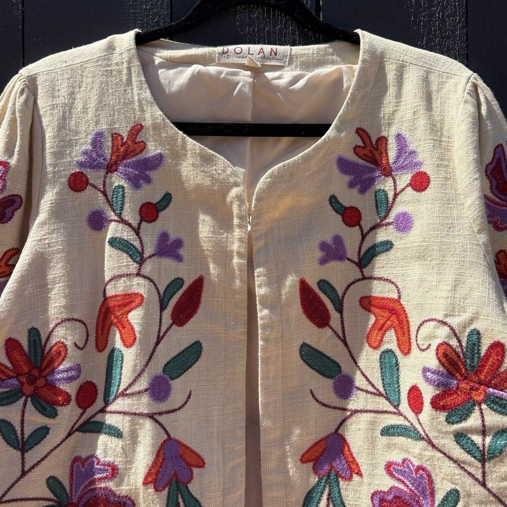 Anthropologie Dolan Boho Folk Art Embroidered Linen Blnd Jacket L Crop Floral - Picture 4 of 12